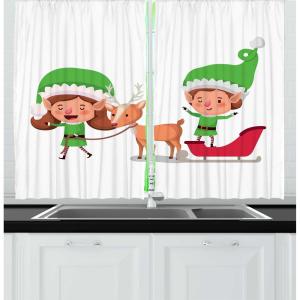 Ambesonne Christmas Kitchen Curtains, Taste of Xmas Season Frame Gingerbread Cookies and Biscuits, Window Drapes 2 Panel Set for Kitchen Cafe Decor, 55″ x 39″, Brown Green(White Multicolor)