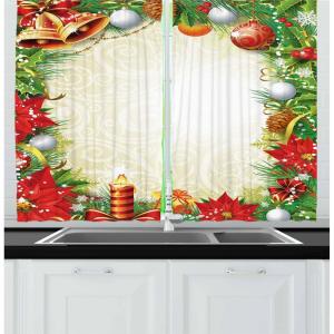 Ambesonne Christmas Kitchen Curtains, Taste of Xmas Season Frame Gingerbread Cookies and Biscuits, Window Drapes 2 Panel Set for Kitchen Cafe Decor, 55″ x 39″, Brown Green(Gold Green)