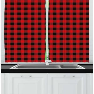 Ambesonne Christmas Kitchen Curtains, Winter Night Country Landscape with Little House Among Pine Trees and Snow, Window Drapes 2 Panel Set for Kitchen Cafe Decor, 55″ x 39″, Navy Blue Yellow(Orange Black)