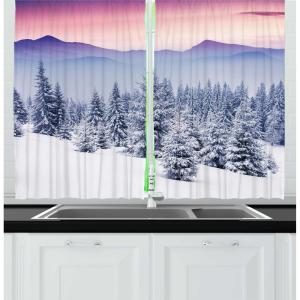 Ambesonne Christmas Kitchen Curtains, Winter Night Country Landscape with Little House Among Pine Trees and Snow, Window Drapes 2 Panel Set for Kitchen Cafe Decor, 55″ x 39″, Navy Blue Yellow(Multi Color)