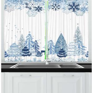 Ambesonne Christmas Kitchen Curtains, Winter Night Country Landscape with Little House Among Pine Trees and Snow, Window Drapes 2 Panel Set for Kitchen Cafe Decor, 55″ x 39″, Navy Blue Yellow(Blue White)