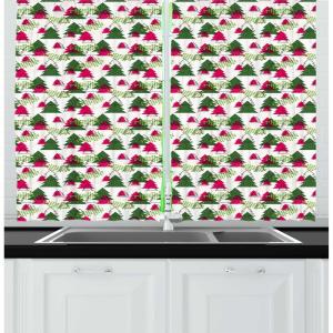 Ambesonne Christmas Kitchen Curtains, Winter Night Country Landscape with Little House Among Pine Trees and Snow, Window Drapes 2 Panel Set for Kitchen Cafe Decor, 55″ x 39″, Navy Blue Yellow(Magenta Green)