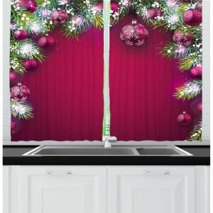 Ambesonne Christmas Kitchen Curtains, Winter Night Country Landscape with Little House Among Pine Trees and Snow, Window Drapes 2 Panel Set for Kitchen Cafe Decor, 55″ x 39″, Navy Blue Yellow(Magenta Green White)