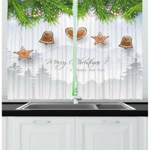 Ambesonne Christmas Kitchen Curtains, Winter Night Country Landscape with Little House Among Pine Trees and Snow, Window Drapes 2 Panel Set for Kitchen Cafe Decor, 55″ x 39″, Navy Blue Yellow(Brown Grey)