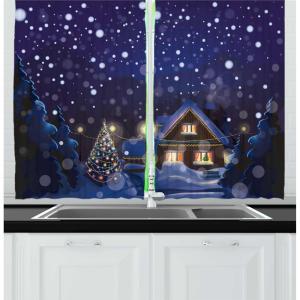 Ambesonne Christmas Kitchen Curtains, Winter Night Country Landscape with Little House Among Pine Trees and Snow, Window Drapes 2 Panel Set for Kitchen Cafe Decor, 55″ x 39″, Navy Blue Yellow(Navy Blue Yellow)