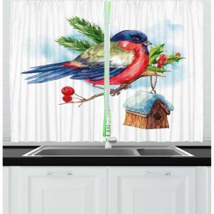 Ambesonne Christmas Kitchen Curtains, Winter Night Country Landscape with Little House Among Pine Trees and Snow, Window Drapes 2 Panel Set for Kitchen Cafe Decor, 55″ x 39″, Navy Blue Yellow(Green Royal Blue)