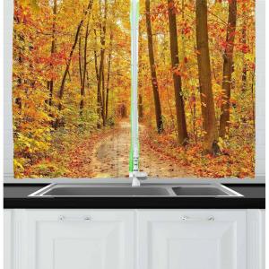 Ambesonne Christmas Kitchen Curtains, Winter Night Country Landscape with Little House Among Pine Trees and Snow, Window Drapes 2 Panel Set for Kitchen Cafe Decor, 55″ x 39″, Navy Blue Yellow(Orange Pale Green Brown)