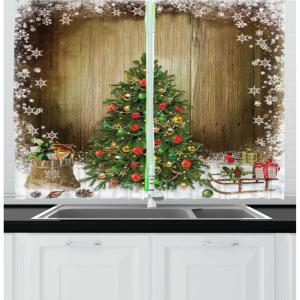 Ambesonne Christmas Kitchen Curtains, Winter Night Country Landscape with Little House Among Pine Trees and Snow, Window Drapes 2 Panel Set for Kitchen Cafe Decor, 55″ x 39″, Navy Blue Yellow(Green Khaki)