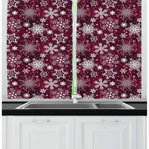 Ambesonne Christmas Kitchen Curtains, Winter Night Country Landscape with Little House Among Pine Trees and Snow, Window Drapes 2 Panel Set for Kitchen Cafe Decor, 55″ x 39″, Navy Blue Yellow(Maroon White Multicolor)