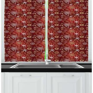 Ambesonne Christmas Kitchen Curtains, Winter Night Country Landscape with Little House Among Pine Trees and Snow, Window Drapes 2 Panel Set for Kitchen Cafe Decor, 55″ x 39″, Navy Blue Yellow(Red Yellow and White)
