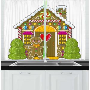 Ambesonne Christmas Kitchen Curtains, Winter Night Country Landscape with Little House Among Pine Trees and Snow, Window Drapes 2 Panel Set for Kitchen Cafe Decor, 55″ x 39″, Navy Blue Yellow(Umber)