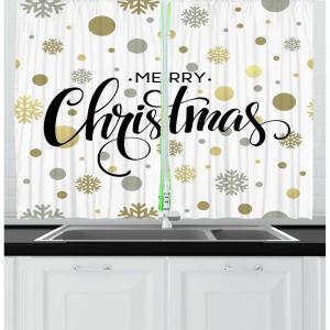 Ambesonne Christmas Kitchen Curtains, Winter Night Country Landscape with Little House Among Pine Trees and Snow, Window Drapes 2 Panel Set for Kitchen Cafe Decor, 55″ x 39″, Navy Blue Yellow(Gold Taupe)