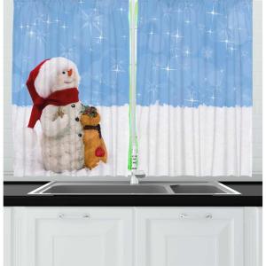 Ambesonne Christmas Kitchen Curtains, Winter Night Country Landscape with Little House Among Pine Trees and Snow, Window Drapes 2 Panel Set for Kitchen Cafe Decor, 55″ x 39″, Navy Blue Yellow(Ice Blue Vermilion)