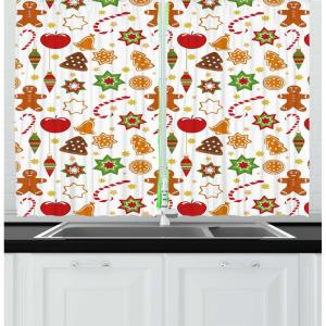 Ambesonne Christmas Kitchen Curtains, Winter Night Country Landscape with Little House Among Pine Trees and Snow, Window Drapes 2 Panel Set for Kitchen Cafe Decor, 55″ x 39″, Navy Blue Yellow(Orange Brown)