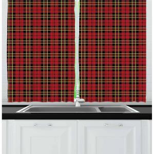 Ambesonne Christmas Kitchen Curtains, Winter Night Country Landscape with Little House Among Pine Trees and Snow, Window Drapes 2 Panel Set for Kitchen Cafe Decor, 55″ x 39″, Navy Blue Yellow(Red Black Yellow)