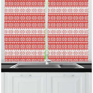 Ambesonne Christmas Kitchen Curtains, Winter Night Country Landscape with Little House Among Pine Trees and Snow, Window Drapes 2 Panel Set for Kitchen Cafe Decor, 55″ x 39″, Navy Blue Yellow(Vermilion White)