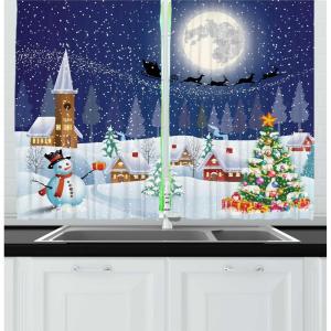 Ambesonne Christmas Kitchen Curtains, Winter Night Country Landscape with Little House Among Pine Trees and Snow, Window Drapes 2 Panel Set for Kitchen Cafe Decor, 55″ x 39″, Navy Blue Yellow(White Blue)