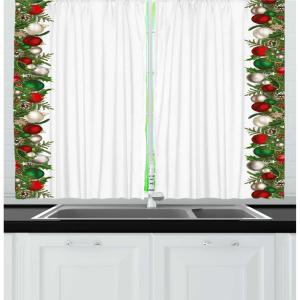 Ambesonne Christmas Kitchen Curtains, Winter Night Country Landscape with Little House Among Pine Trees and Snow, Window Drapes 2 Panel Set for Kitchen Cafe Decor, 55″ x 39″, Navy Blue Yellow(Dark Green Red and Grey)