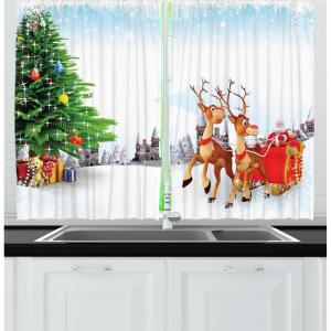 Ambesonne Christmas Kitchen Curtains, Winter Night Country Landscape with Little House Among Pine Trees and Snow, Window Drapes 2 Panel Set for Kitchen Cafe Decor, 55″ x 39″, Navy Blue Yellow(Green Coffee Brown)