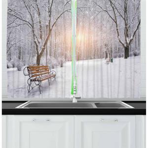 Ambesonne Christmas Kitchen Curtains, Winter Night Country Landscape with Little House Among Pine Trees and Snow, Window Drapes 2 Panel Set for Kitchen Cafe Decor, 55″ x 39″, Navy Blue Yellow(Umber White Orange)