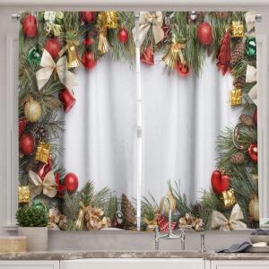 Ambesonne Christmas Kitchen Curtains, Winter Night Country Landscape with Little House Among Pine Trees and Snow, Window Drapes 2 Panel Set for Kitchen Cafe Decor, 55″ x 39″, Navy Blue Yellow(Vermilion Green)