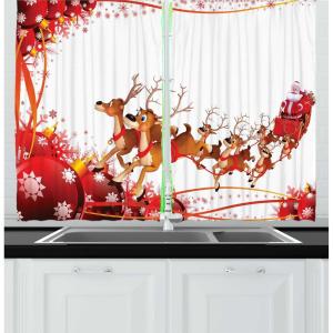 Ambesonne Christmas Kitchen Curtains, Winter Night Country Landscape with Little House Among Pine Trees and Snow, Window Drapes 2 Panel Set for Kitchen Cafe Decor, 55″ x 39″, Navy Blue Yellow(Brown White)