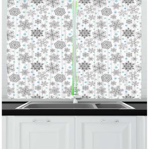 Ambesonne Christmas Kitchen Curtains, Winter Night Country Landscape with Little House Among Pine Trees and Snow, Window Drapes 2 Panel Set for Kitchen Cafe Decor, 55″ x 39″, Navy Blue Yellow(Blue Black White)