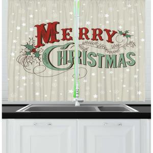 Ambesonne Christmas Kitchen Curtains, Winter Night Country Landscape with Little House Among Pine Trees and Snow, Window Drapes 2 Panel Set for Kitchen Cafe Decor, 55″ x 39″, Navy Blue Yellow(Eggshell Sea Green Ruby)