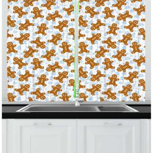 Ambesonne Christmas Kitchen Curtains, Winter Night Country Landscape with Little House Among Pine Trees and Snow, Window Drapes 2 Panel Set for Kitchen Cafe Decor, 55″ x 39″, Navy Blue Yellow(Pale Caramel Pale Blue)