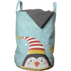 Ambesonne Christmas Laundry Bag, Xmas Town with Buildings and Winter Season Snowing Landscape Illustration, Hamper Basket with Handle Drawstring Closure for Laundromats, 13″ x 19″, Pale Blue Pearl(Pale Blue Mustard)
