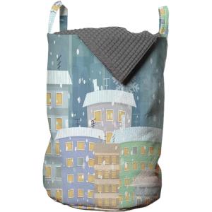 Ambesonne Christmas Laundry Bag, Xmas Town with Buildings and Winter Season Snowing Landscape Illustration, Hamper Basket with Handle Drawstring Closure for Laundromats, 13″ x 19″, Pale Blue Pearl(Pale Blue Pearl)