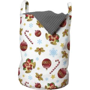 Ambesonne Christmas Laundry Bag, Xmas Yuletide Noel Theme with Ornaments Cones Snowflake Stars Jingle Bells Pines, Hamper Basket with Handles Drawstring Closure for Laundromats, 13″ x 19″, Multicolor