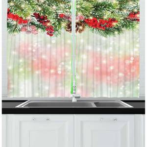 Ambesonne Christmas Long Kitchen Curtains, Traditional Design Holly Berry Branches Snow and Bokeh Effect Print, Two Panels Drapes with Rod Pocket Room Decor, 55″ x 45″, White Red(Brown Green)