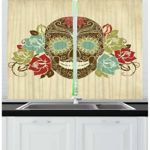 Ambesonne Christmas Long Kitchen Curtains, Traditional Design Holly Berry Branches Snow and Bokeh Effect Print, Two Panels Drapes with Rod Pocket Room Decor, 55″ x 45″, White Red(Cream Khaki)
