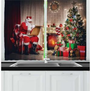 Ambesonne Christmas Long Kitchen Curtains, Traditional Design Holly Berry Branches Snow and Bokeh Effect Print, Two Panels Drapes with Rod Pocket Room Decor, 55″ x 45″, White Red(Red Beige)