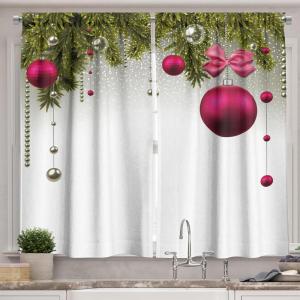 Ambesonne Christmas Long Kitchen Curtains, Traditional Design Holly Berry Branches Snow and Bokeh Effect Print, Two Panels Drapes with Rod Pocket Room Decor, 55″ x 45″, White Red(Magenta Green)