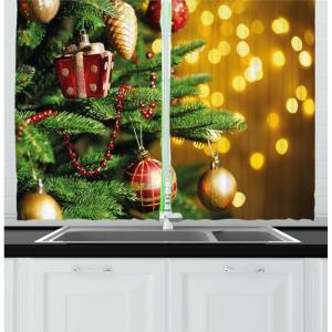 Ambesonne Christmas Long Kitchen Curtains, Traditional Design Holly Berry Branches Snow and Bokeh Effect Print, Two Panels Drapes with Rod Pocket Room Decor, 55″ x 45″, White Red(Amber Green)