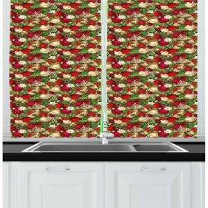Ambesonne Christmas Long Kitchen Curtains, Traditional Design Holly Berry Branches Snow and Bokeh Effect Print, Two Panels Drapes with Rod Pocket Room Decor, 55″ x 45″, White Red(Green Red)