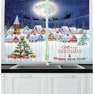 Ambesonne Christmas Long Kitchen Curtains, Traditional Design Holly Berry Branches Snow and Bokeh Effect Print, Two Panels Drapes with Rod Pocket Room Decor, 55″ x 45″, White Red(Navy White)