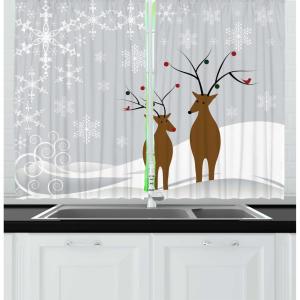 Ambesonne Christmas Long Kitchen Curtains, Traditional Design Holly Berry Branches Snow and Bokeh Effect Print, Two Panels Drapes with Rod Pocket Room Decor, 55″ x 45″, White Red(Grey White)