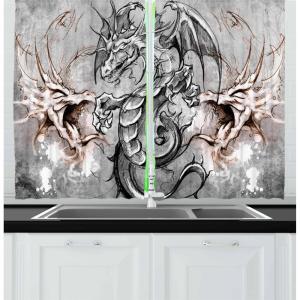 Ambesonne Christmas Long Kitchen Curtains, Traditional Design Holly Berry Branches Snow and Bokeh Effect Print, Two Panels Drapes with Rod Pocket Room Decor, 55″ x 45″, White Red(Grey Umber)