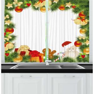 Ambesonne Christmas Long Kitchen Curtains, Traditional Design Holly Berry Branches Snow and Bokeh Effect Print, Two Panels Drapes with Rod Pocket Room Decor, 55″ x 45″, White Red(Red Vermilion)