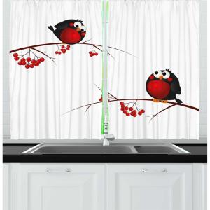 Ambesonne Christmas Long Kitchen Curtains, Traditional Design Holly Berry Branches Snow and Bokeh Effect Print, Two Panels Drapes with Rod Pocket Room Decor, 55″ x 45″, White Red(White Black)