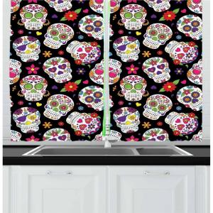Ambesonne Christmas Long Kitchen Curtains, Traditional Design Holly Berry Branches Snow and Bokeh Effect Print, Two Panels Drapes with Rod Pocket Room Decor, 55″ x 45″, White Red(Black Green)