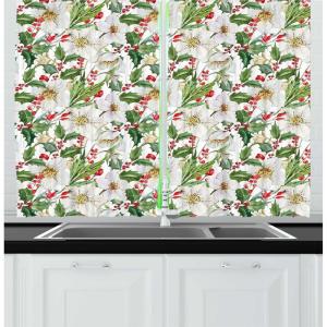 Ambesonne Christmas Long Kitchen Curtains, Traditional Design Holly Berry Branches Snow and Bokeh Effect Print, Two Panels Drapes with Rod Pocket Room Decor, 55″ x 45″, White Red(Vermilion Yellow Green)