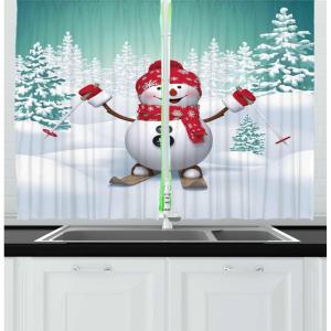 Ambesonne Christmas Long Kitchen Curtains, Traditional Design Holly Berry Branches Snow and Bokeh Effect Print, Two Panels Drapes with Rod Pocket Room Decor, 55″ x 45″, White Red(White Teal)