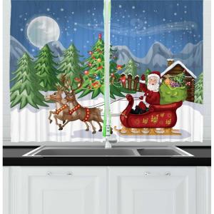 Ambesonne Christmas Long Kitchen Curtains, Traditional Design Holly Berry Branches Snow and Bokeh Effect Print, Two Panels Drapes with Rod Pocket Room Decor, 55″ x 45″, White Red(Red Green)