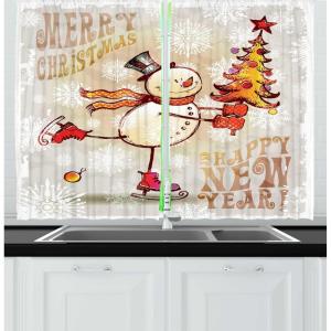 Ambesonne Christmas Long Kitchen Curtains, Traditional Design Holly Berry Branches Snow and Bokeh Effect Print, Two Panels Drapes with Rod Pocket Room Decor, 55″ x 45″, White Red(Beige White)