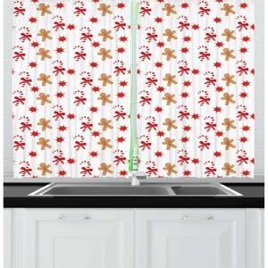 Ambesonne Christmas Long Kitchen Curtains, Traditional Design Holly Berry Branches Snow and Bokeh Effect Print, Two Panels Drapes with Rod Pocket Room Decor, 55″ x 45″, White Red(Orange Brown)