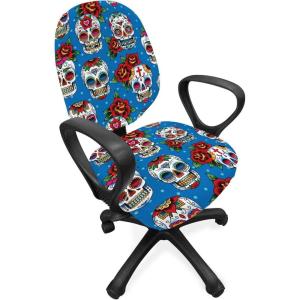 Ambesonne Christmas Office Chair Cover, Colorful Christmas Balls Different Retro Pattern Holiday Celebration, Stretchable Decorative Universal Size High Back Printed Slipcover, Blue Grey Purple Yellow(Blue Red Ivory)